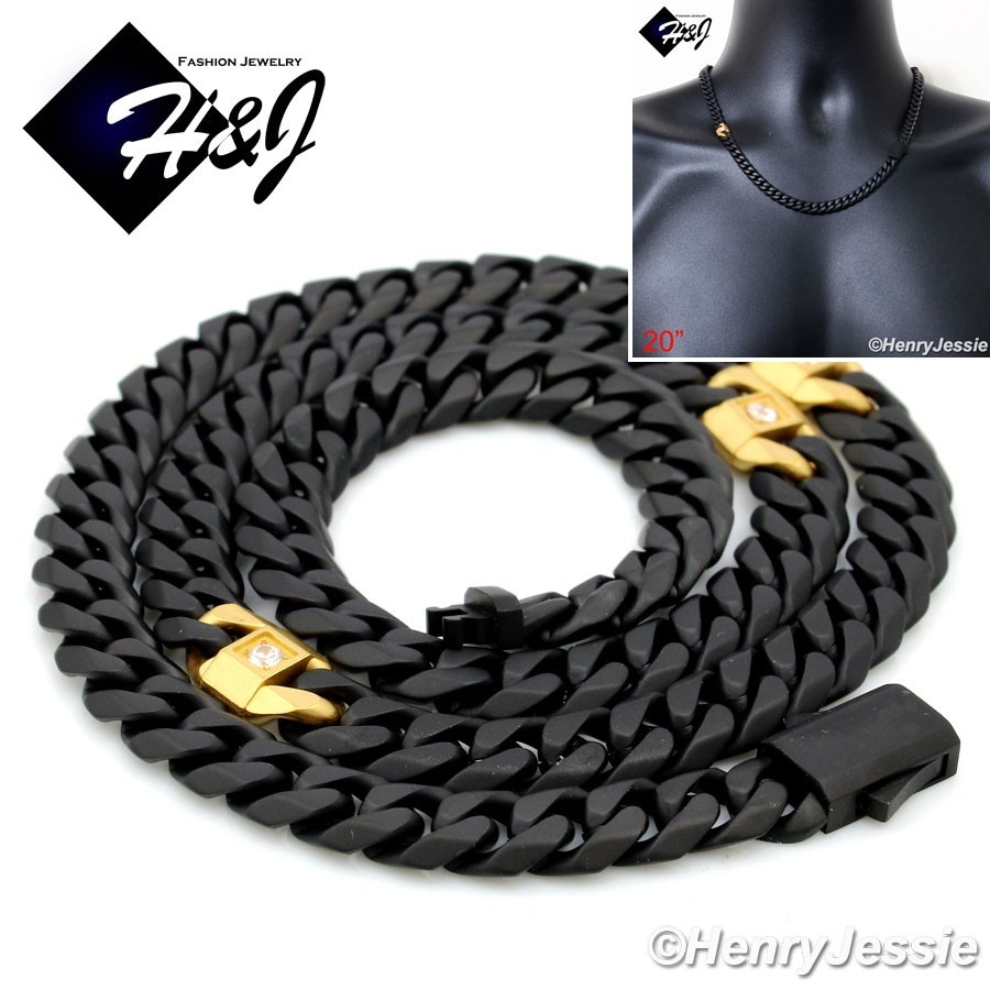 20″Stainless Steel 7mm Matte Black/Gold Plated CZ Miami Cuban Curb Necklace*N176