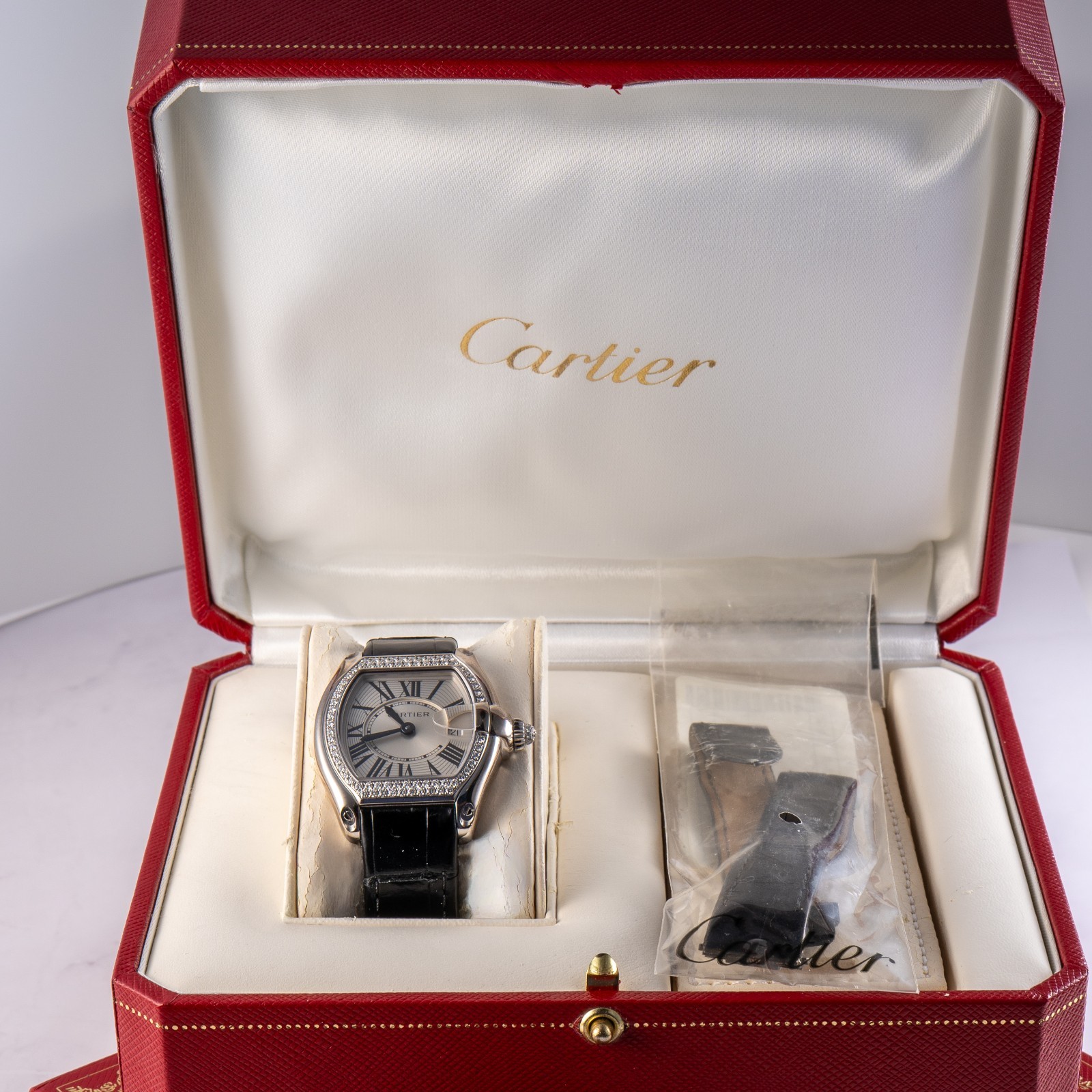 Cartier Roadster 18k White Gold Diamond Black Alligator Skin Watch
