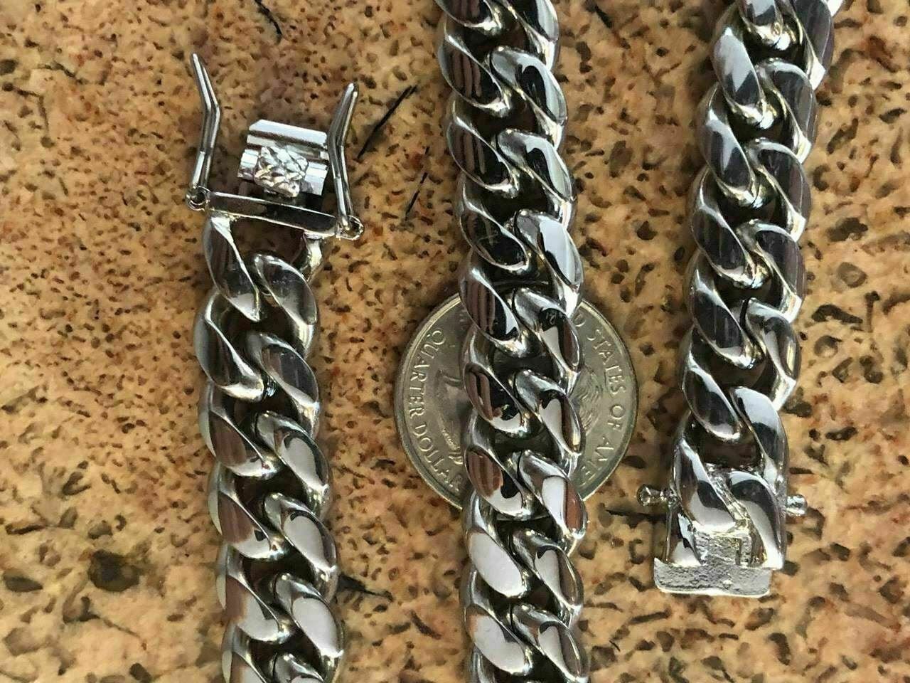 12mm Mens Miami Cuban Link Chain Stainless Steel HEAVY Looks Like Silver Hip Hop