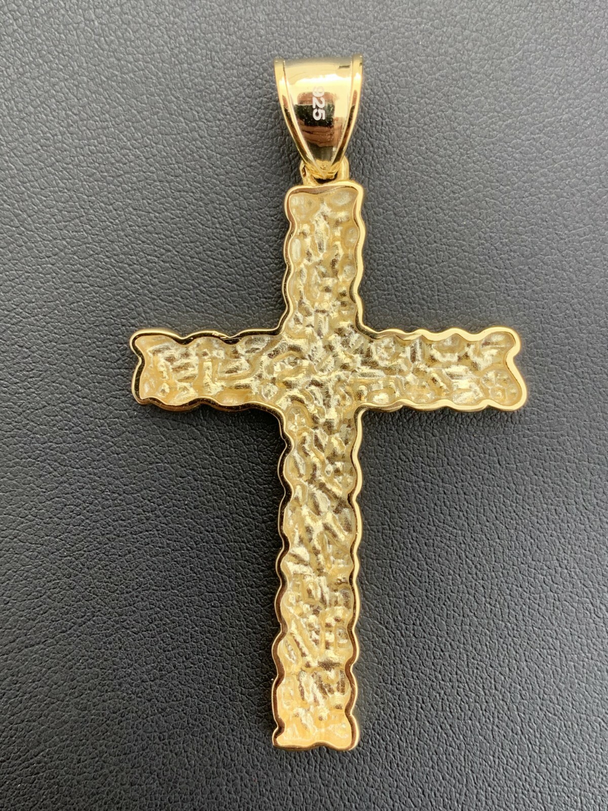 Mens Large Gold Nugget Cross 14k Gold Plated Solid 925 Silver Necklace Chain