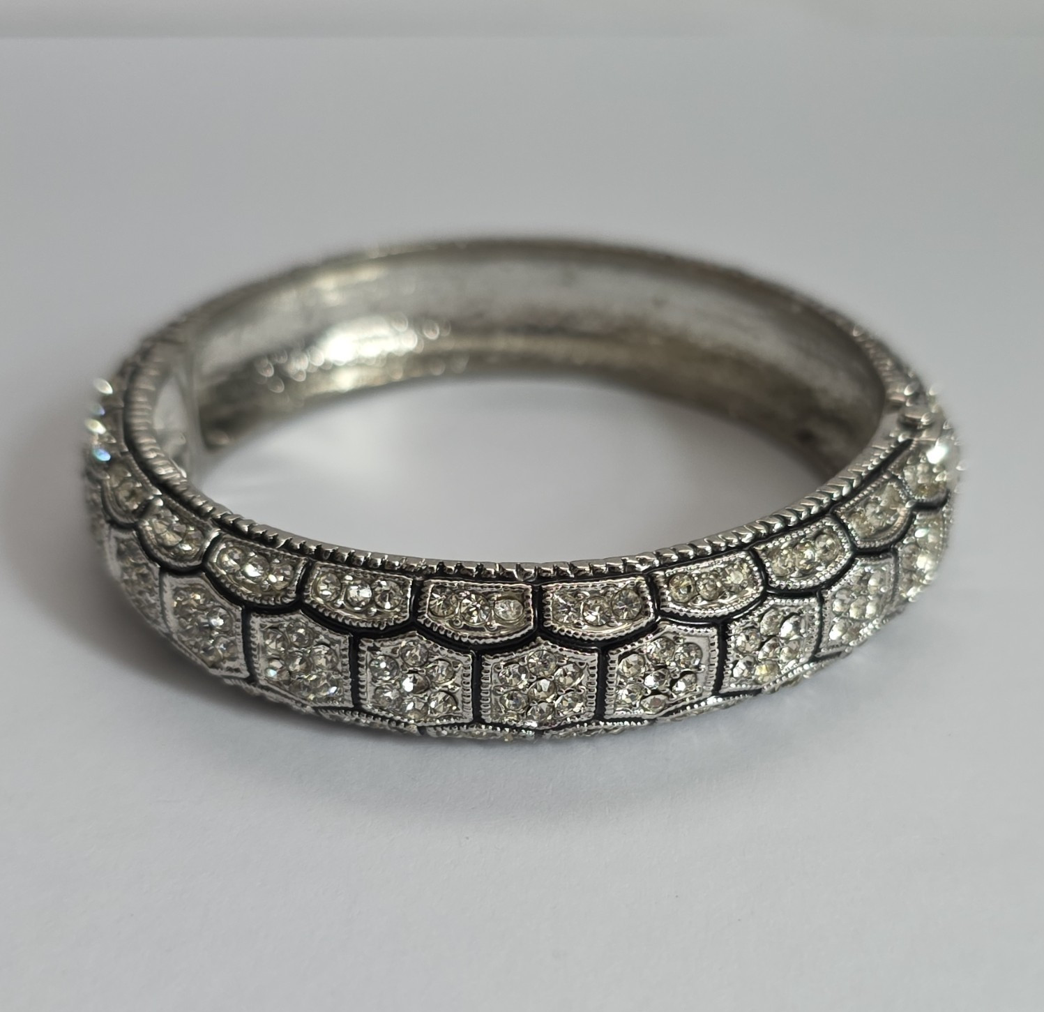 Natasha Bangle Bracelet Rhinestone Silver Tone Hinged Glam Statement