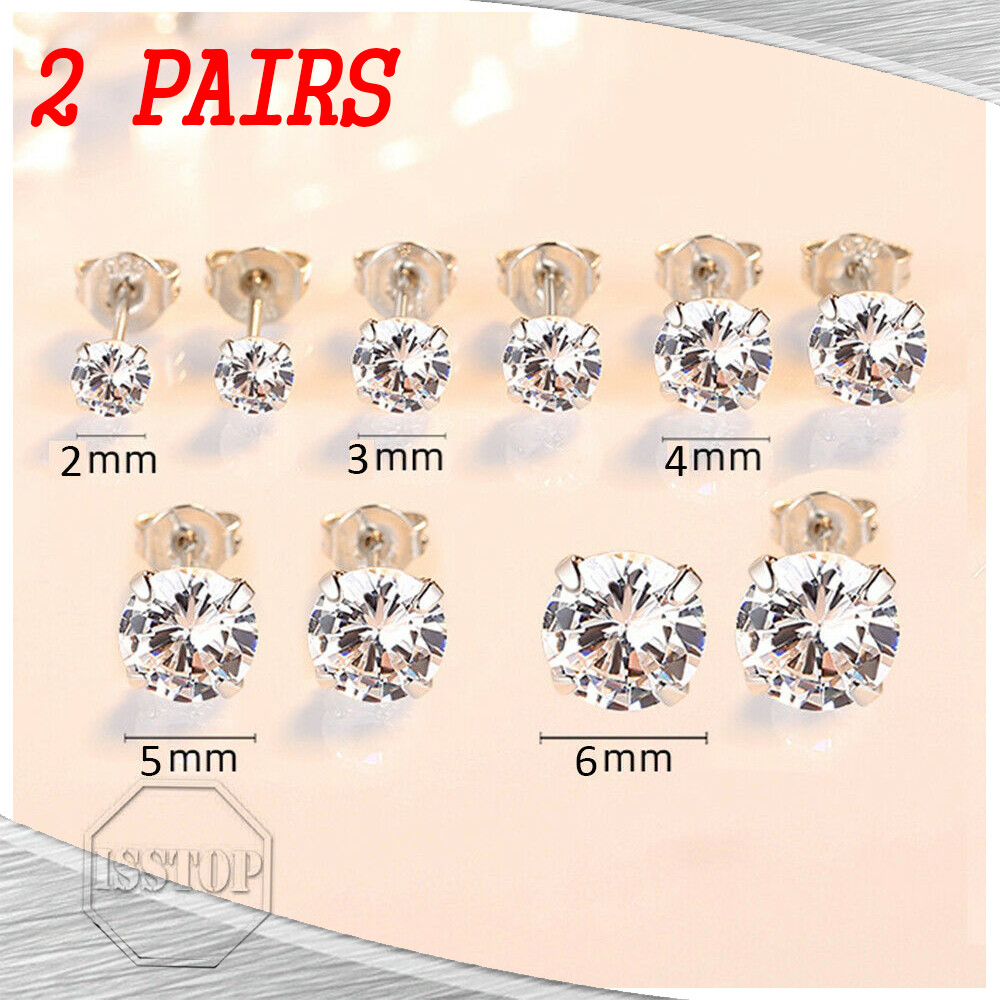 2 Pair 925 Sterling Silver Earrings Cubic Zirconia Round Stud Earrings Jewelry