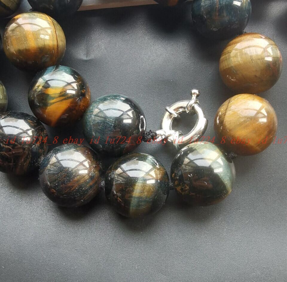 16mm/18mm Natural Blue Yellow Tiger Eye Stone Quartz Beaded Necklace 16-100″