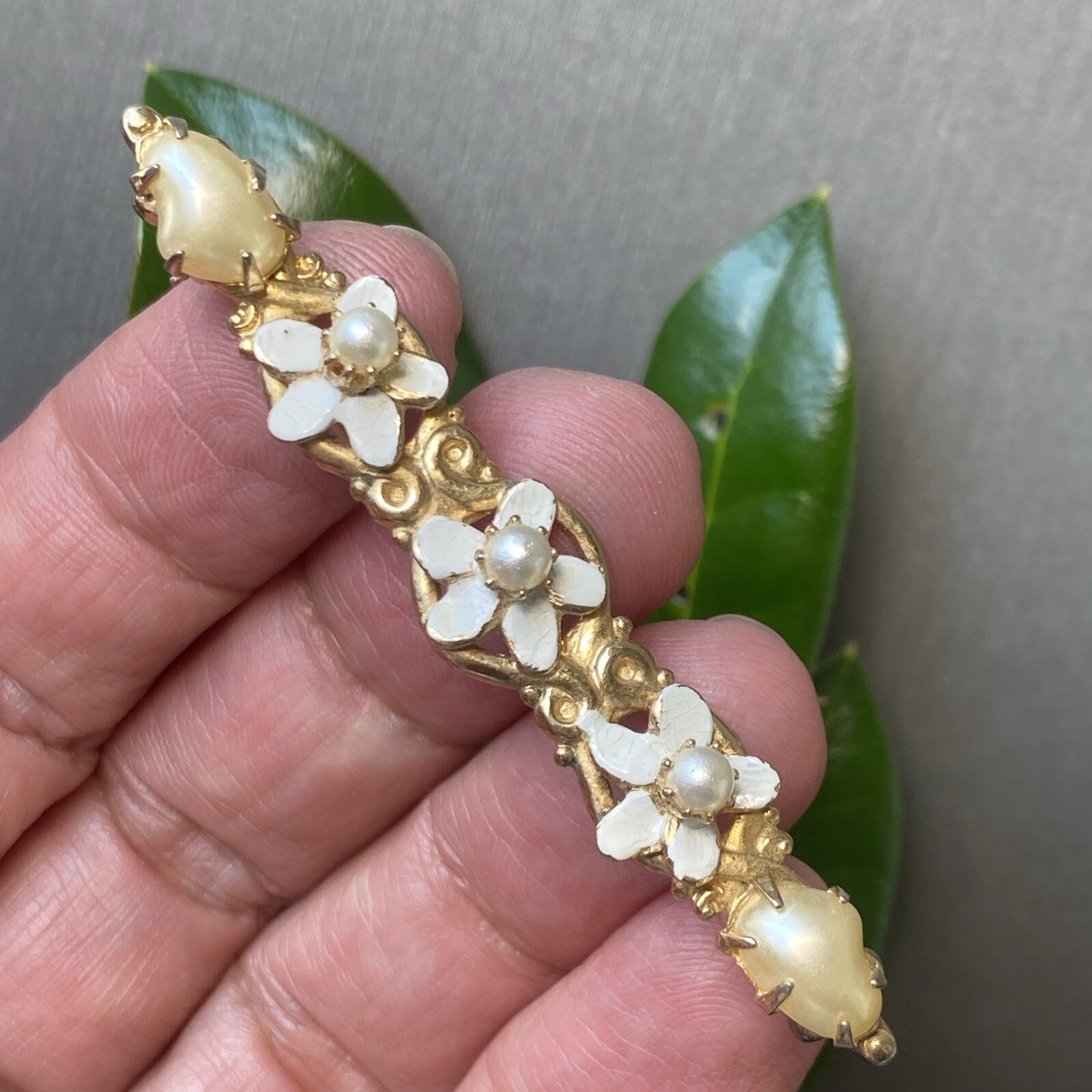Vintage Pearl Bar Brooch Estate Fine Jewelry Pre-owned Sterling Silver Vermeil
