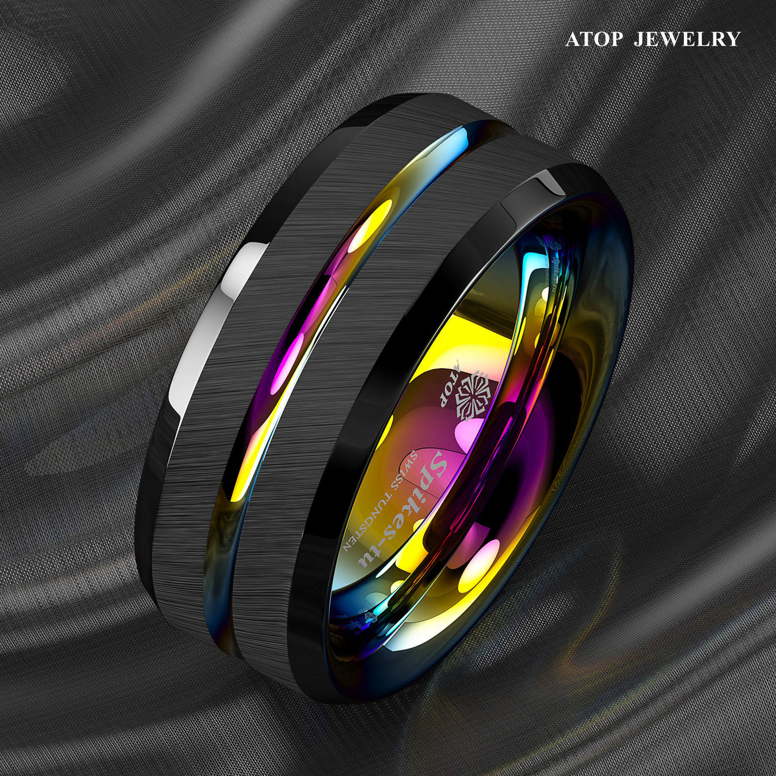 8/6mm Black Brushed Tungsten Carbide Ring Rainbow Line Wedding Band ATOP Jewelry