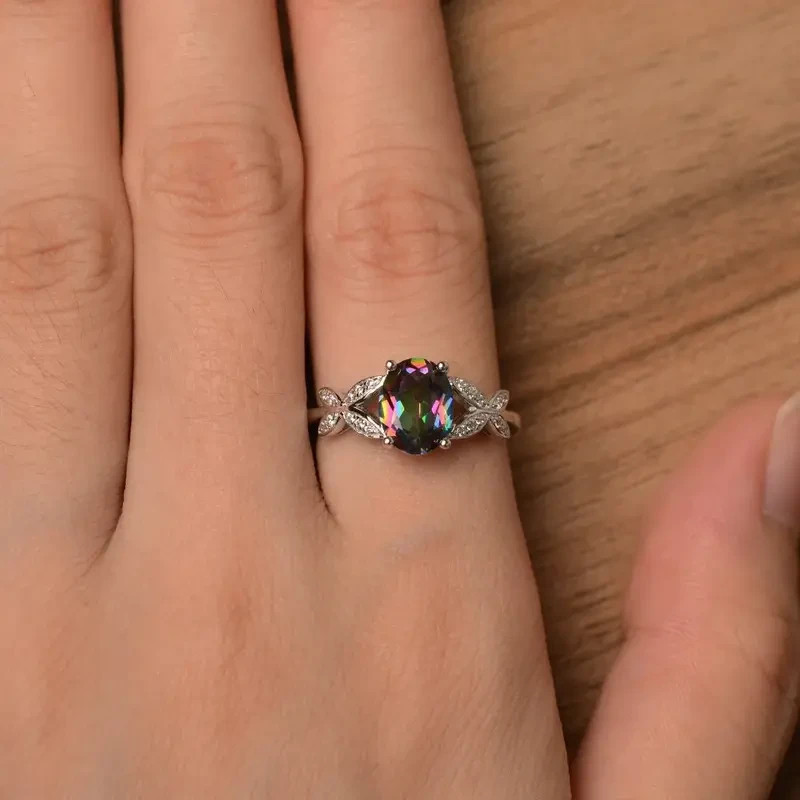 925 Sterling Silver Rainbow Mystical Fire Topaz Wedding Engagement Ring Size 7