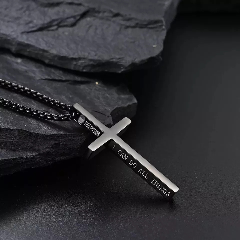 Men Women Cross Necklace Stainless Steel Christian STRENGTH Pendant Chain 24″