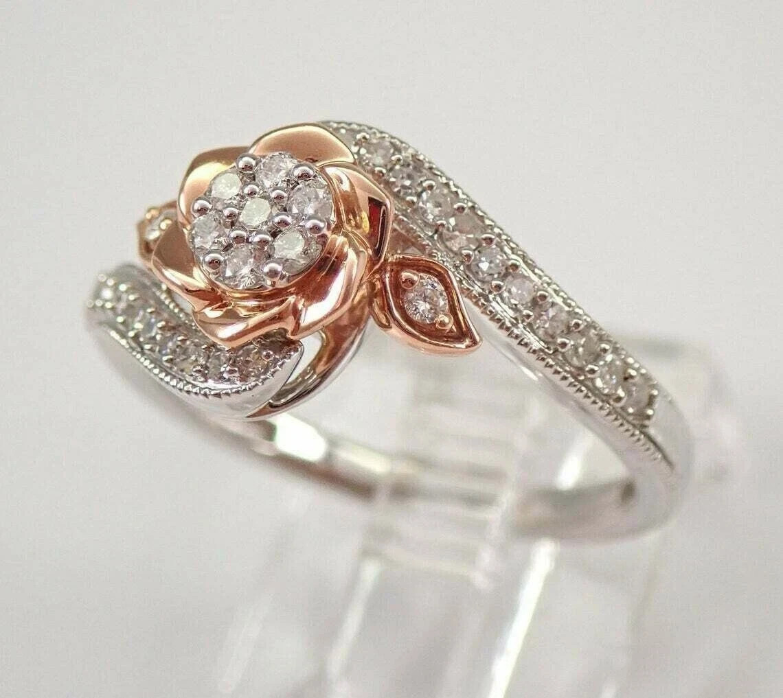 14K Two Tone Tone Gold Plated 2Ct Simulated Diamond Rose Flower Engagement Ring
