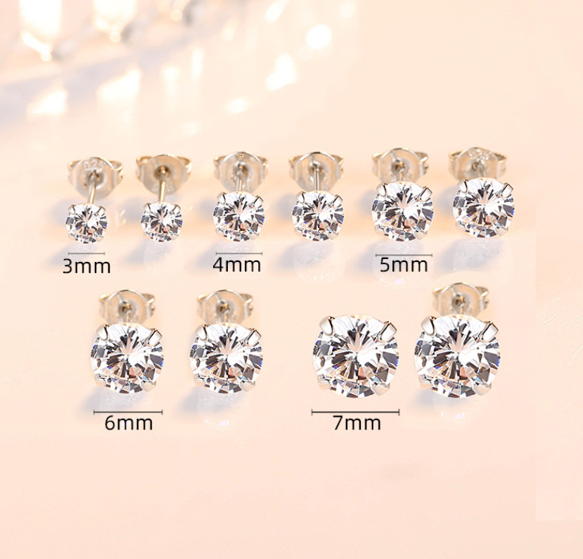 Solid 925 Sterling Silver Round Cubic Zirconia Clear CZ Stud Earrings 2-8mm
