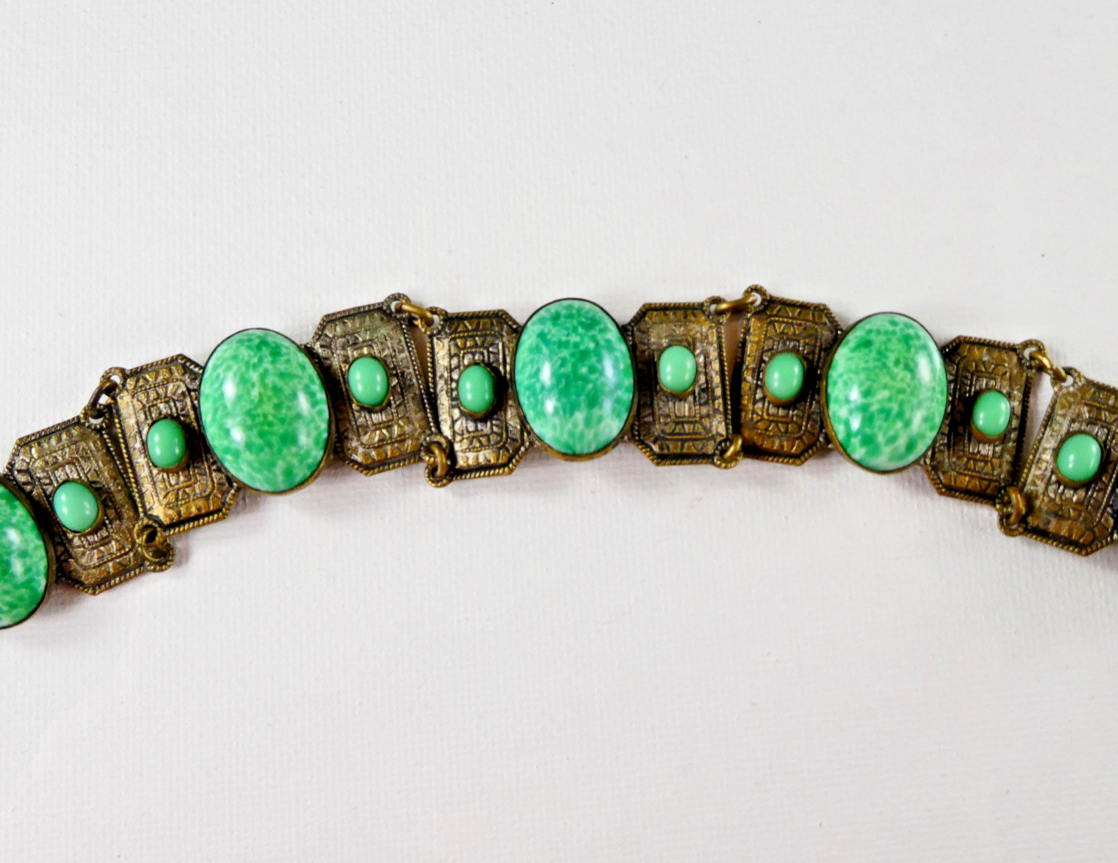 Vintage Czech Ornate Brass Tone Bracelet Filigree Links Peking Glass Cabochons