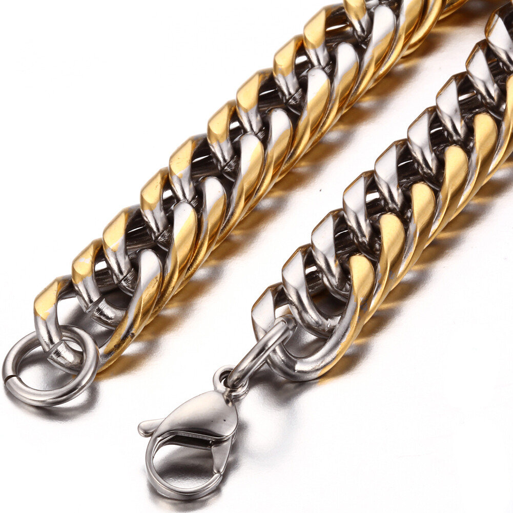 Mens Gold Tone Stainless Steel Heavy Cuban Curb Link Chain Bracelet Bangle 8.26′