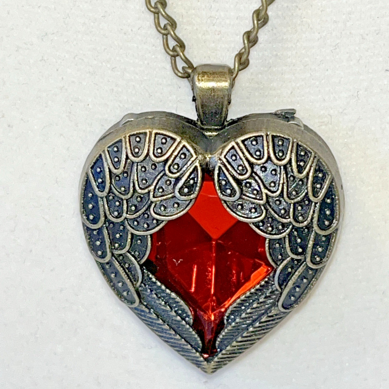 Antiqued Brass Metal Winged Pendant With Red Heart Foil Backed Crystal Necklace