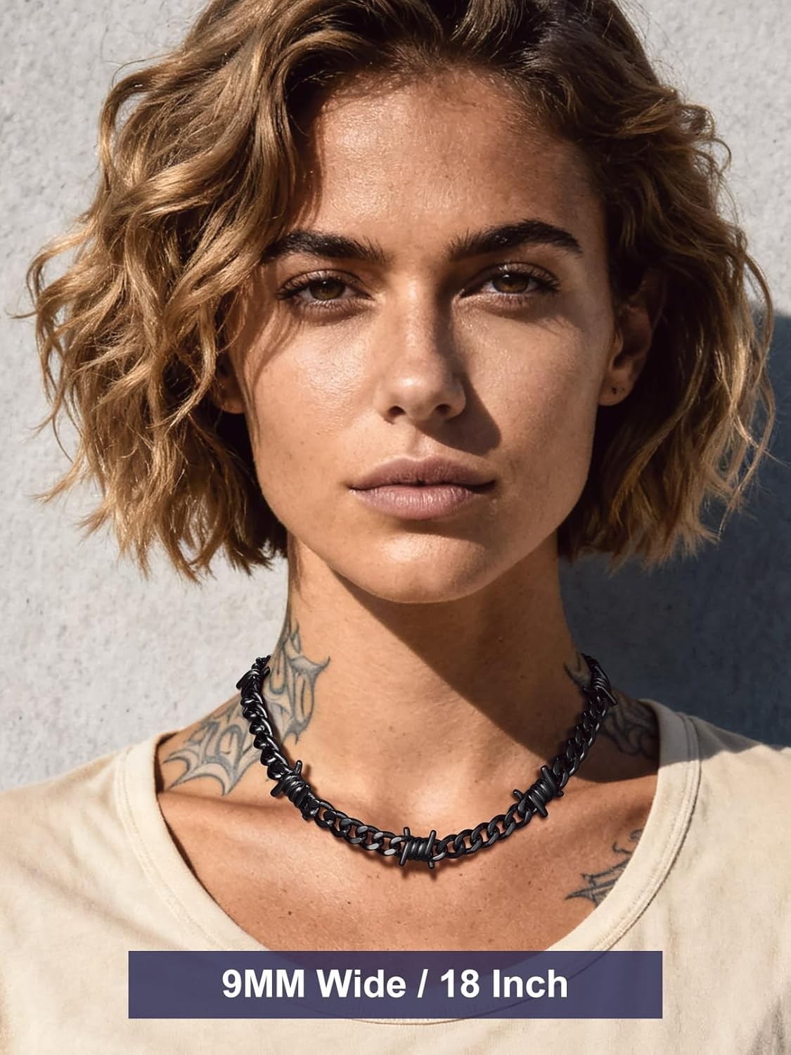 Barbed Wire Cuban Chain Necklace for Women Men Stainless Steel/Black Thorns C…