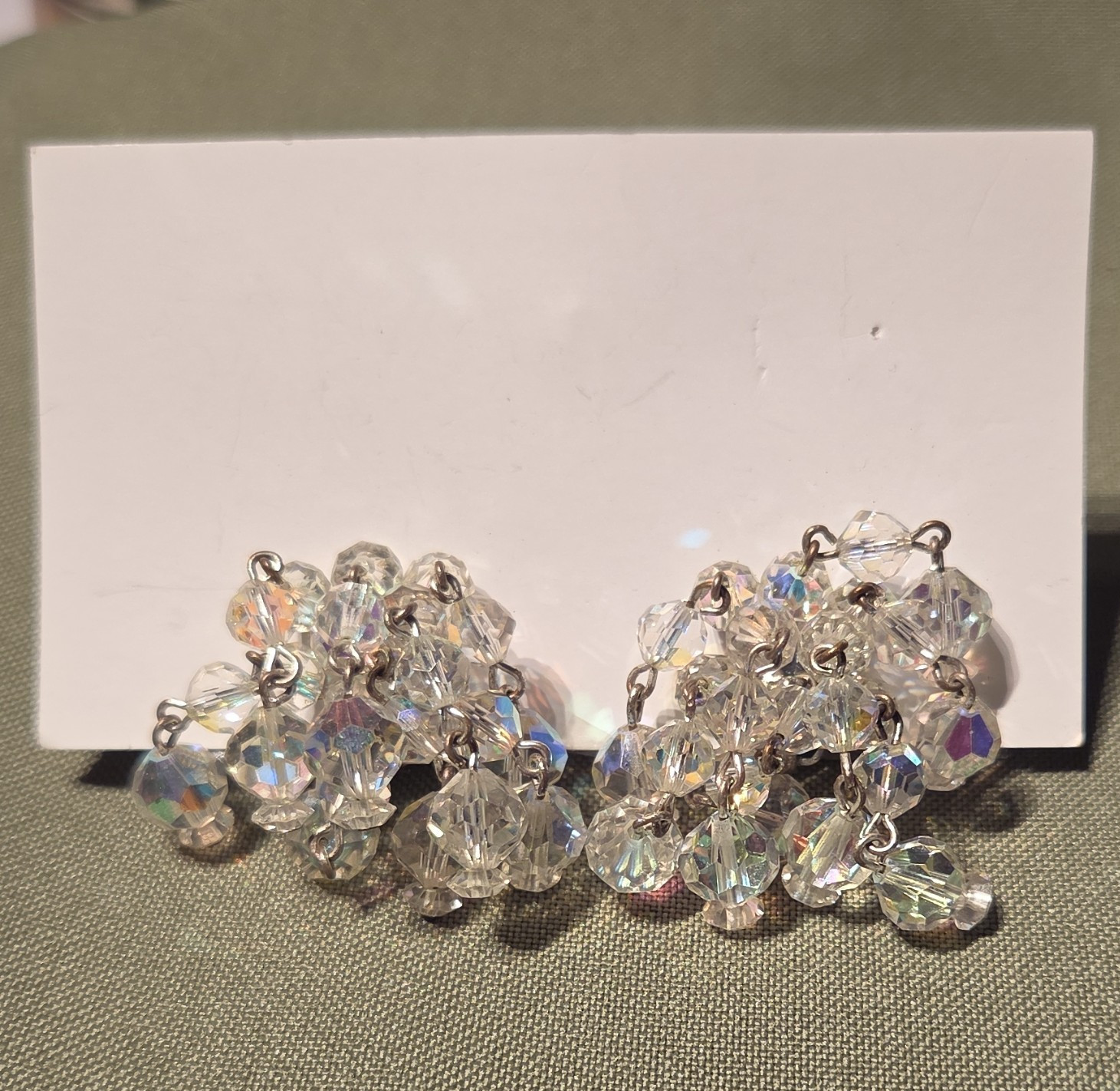 Clear Crystal Aurora Borealis Beaded Cluster Clip-On Earrings Round Stones