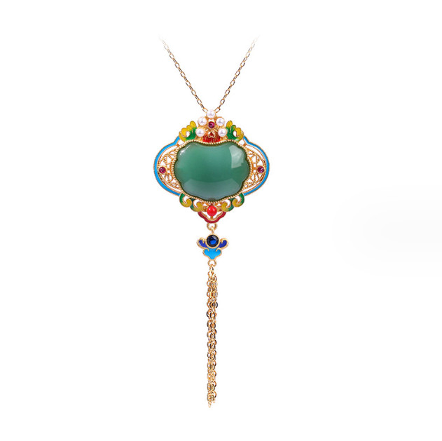 Jade Enamel Pendant Necklace Charm 18K Gold Plated Flower Retro Dainty Gemstone