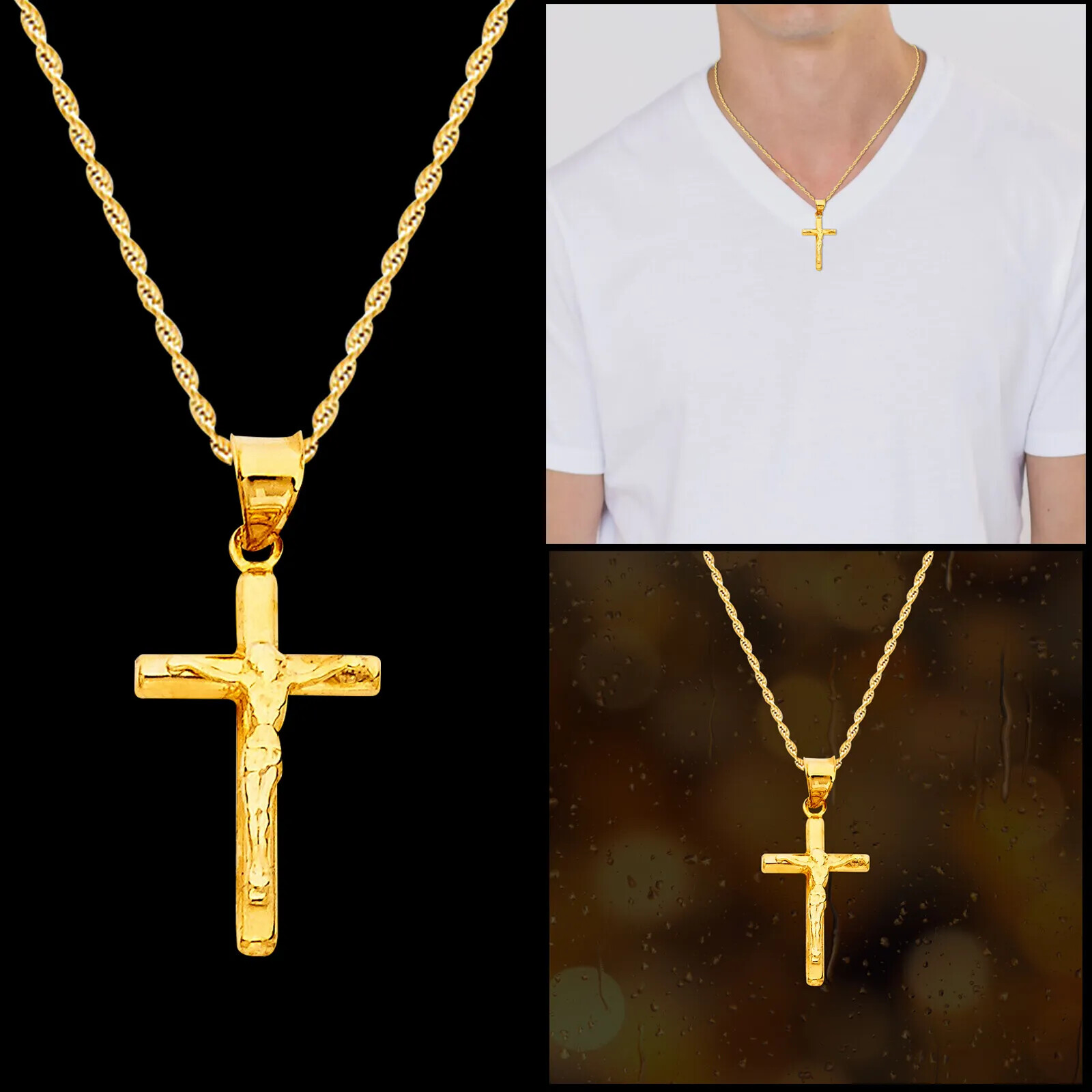 Real 14k Yellow Gold Jesus Crucifix Cross Pendant Charm All Size