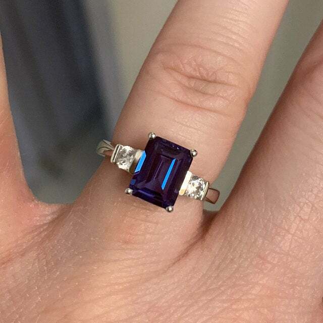 3Ct Emerald Simulated Alexandrite Three Stone Ring 14K White Gold Plated Silver