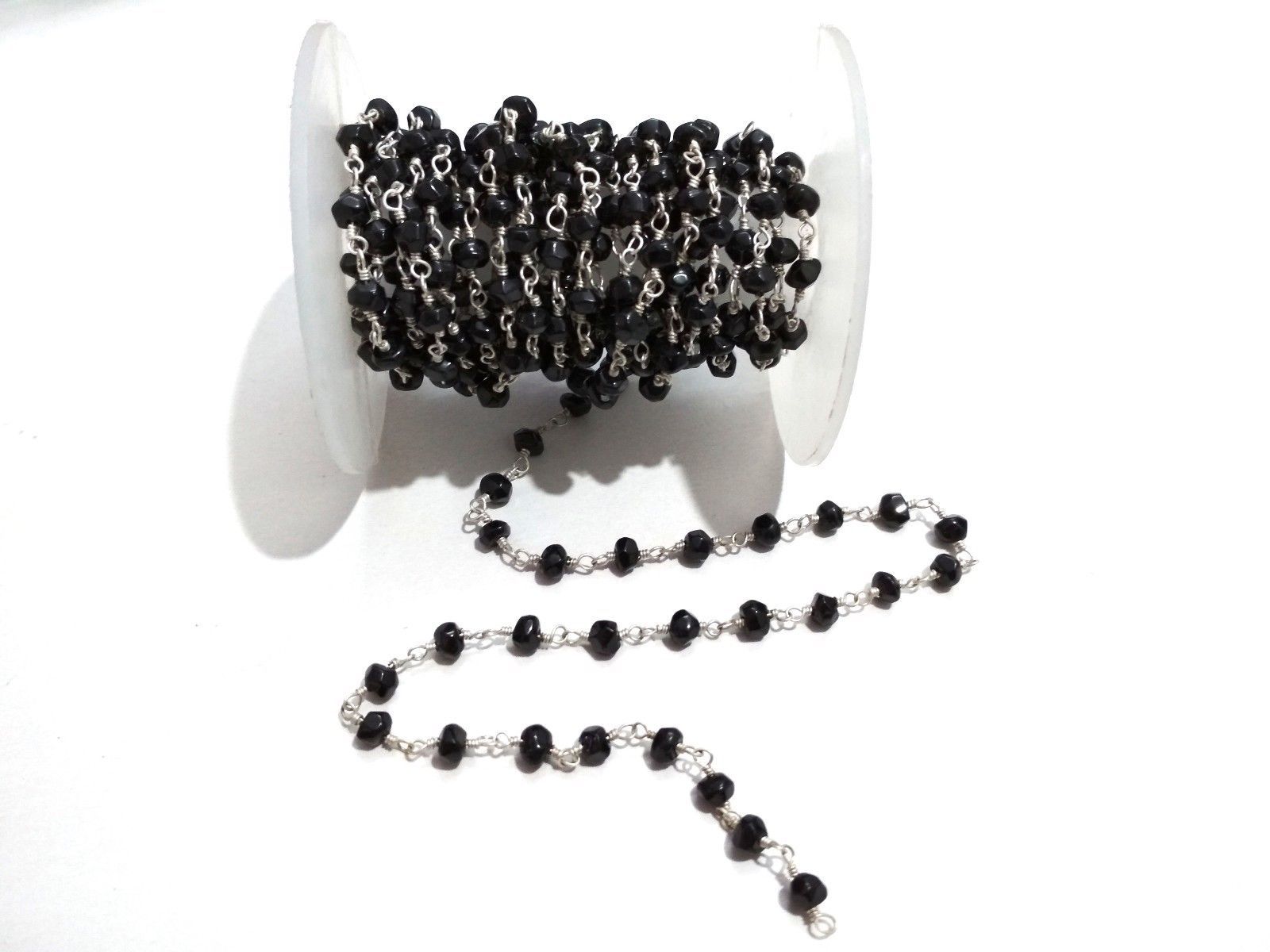 3 Feet Natural Black Spinel Rondelle Handmade Faceted 4-4.5mm Beads Silver Chain