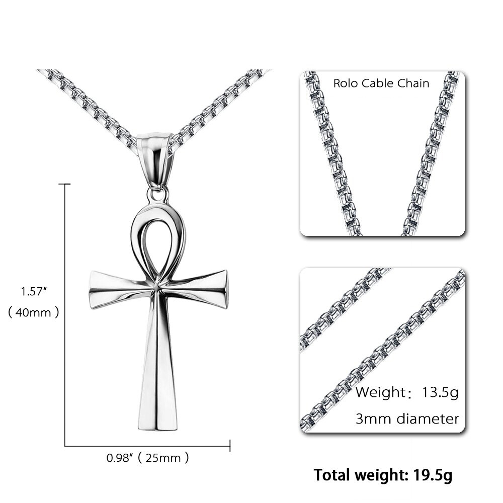 Men Women Cross Necklace Silver Stainless Steel Egyptian Ankh Pendant Chain Gift