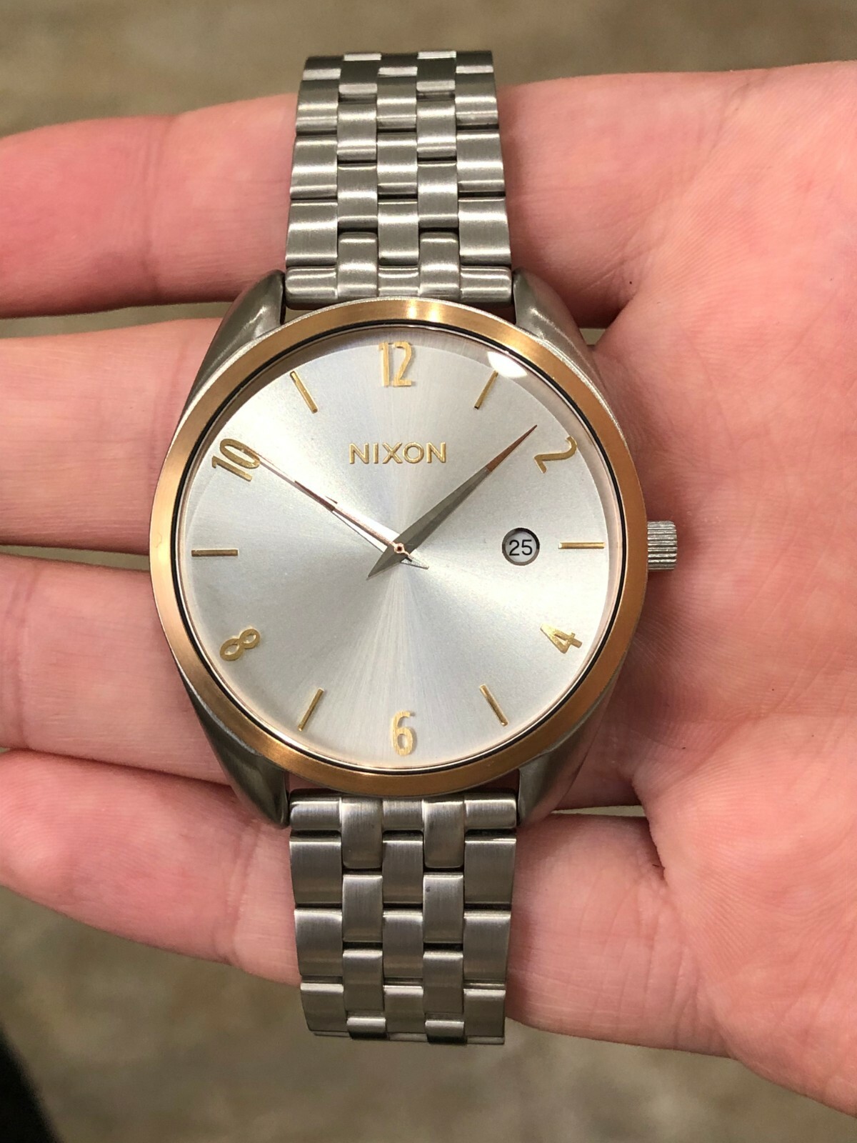 NIXON THE BULLET SATIN BRUSHED STAINLESS STEEL ROSE GOLD ACCENTS WATCH $299