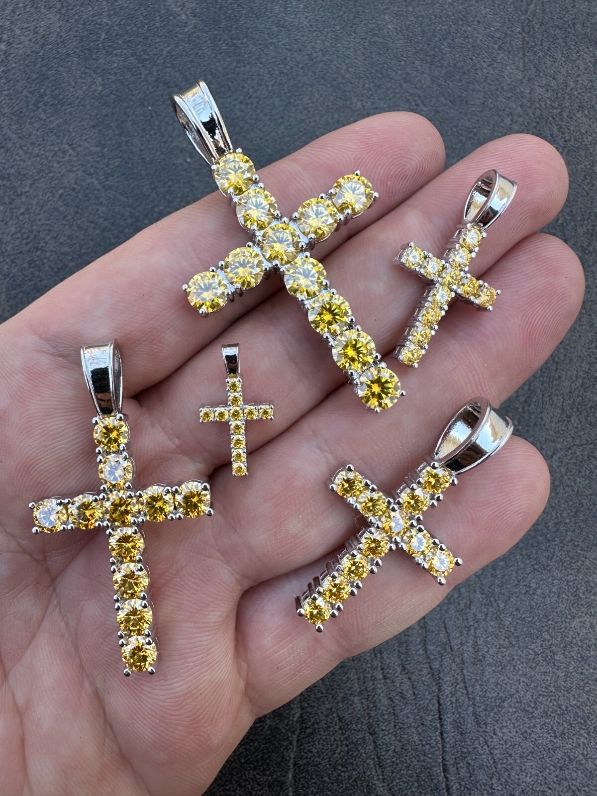 Yellow Canary MOISSANITE Real 925 Silver Cross Iced Pendant Necklace Hip Hop
