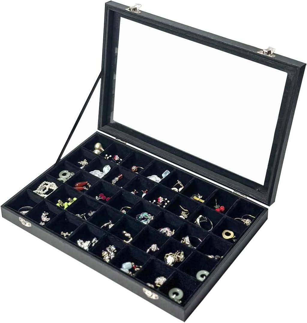 Black Velvet 40 Grid Earring Organizer Display Box with Transparent Lid Earring
