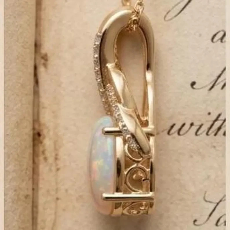 Oval Opal Criss Cross Pendant Necklace Gold Tone CZ Elegant October Birthstone