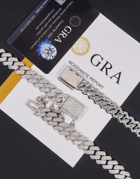 MOISSANITE Real Miami Cuban Link Prong Chain Iced Hip Hop 925 Silver Necklace