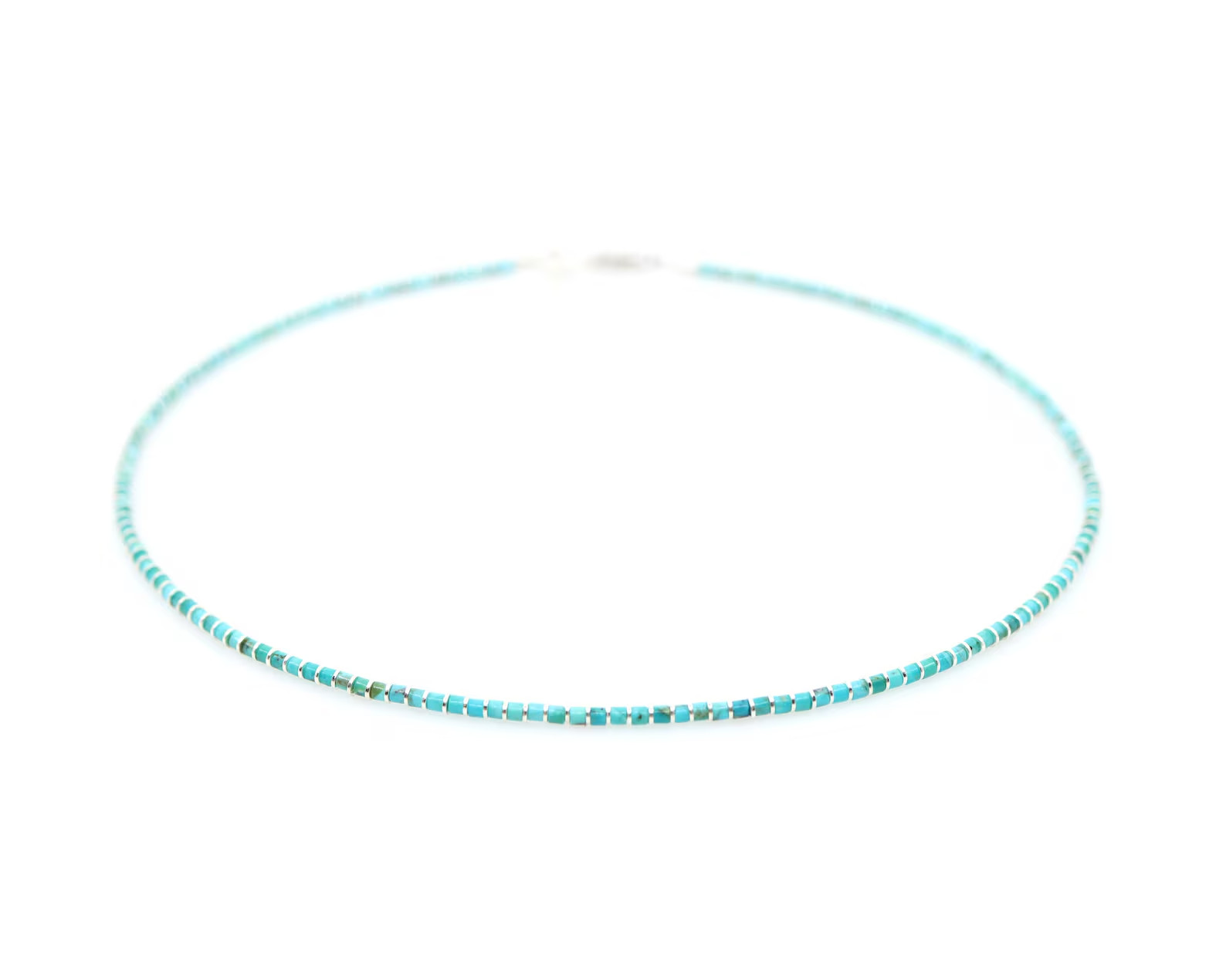 2mm Blue Turquoise Heishi Necklace & Silver Beads, Dainty Modern Contemporary