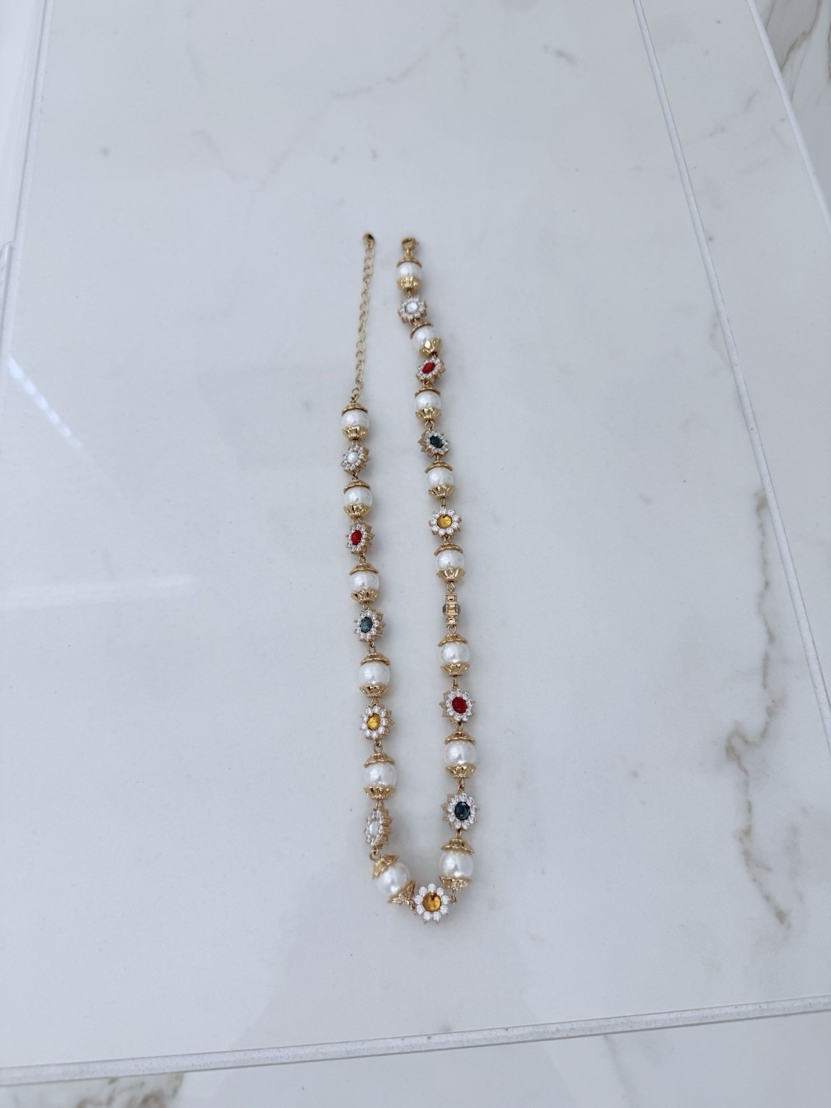 18K Gold Plated Brass Faux Pearl & CZ Floral Statement Necklace
