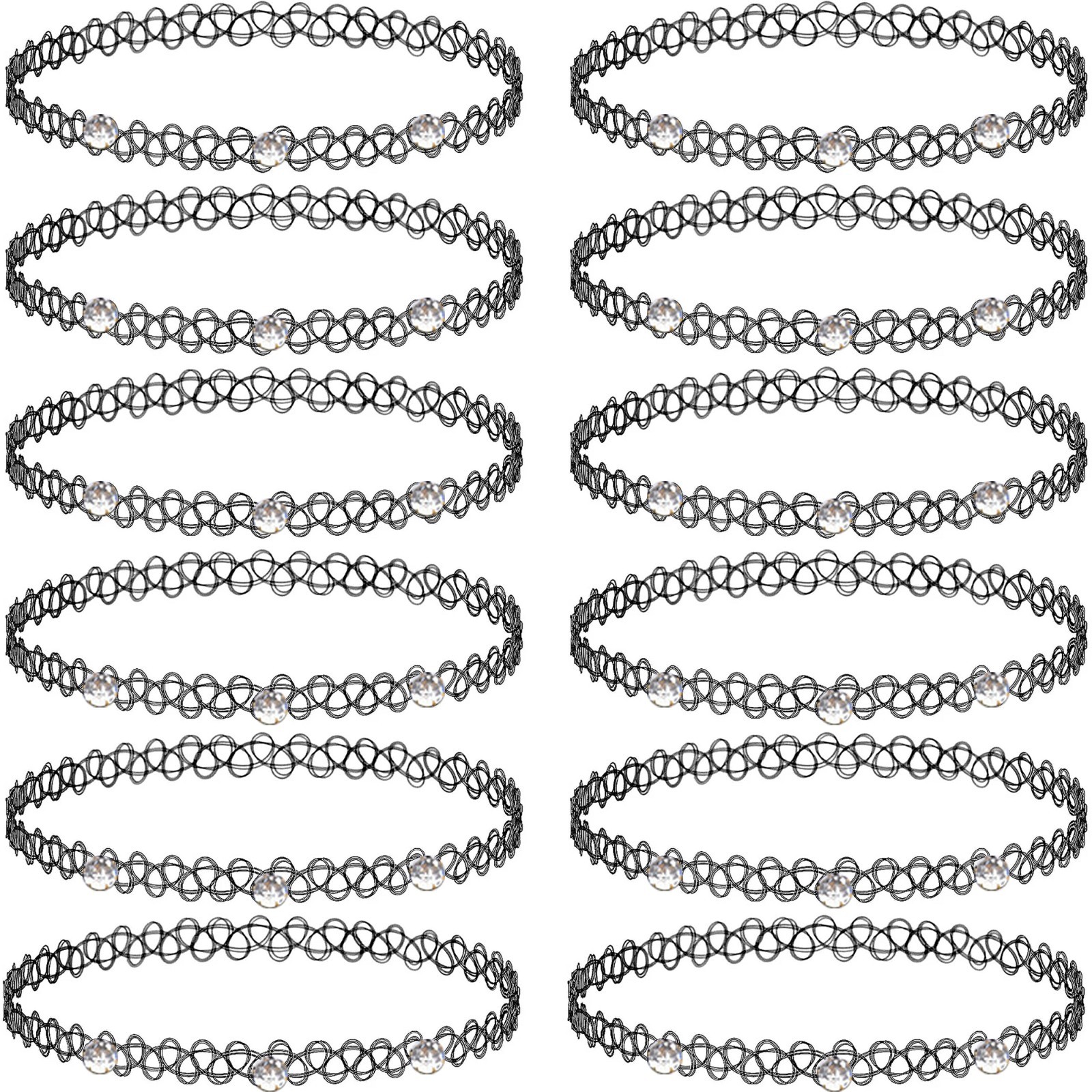 12 PCS Assorted Tattoo Stretch Jewelry Choker Necklaces Classic Gothic Colorful