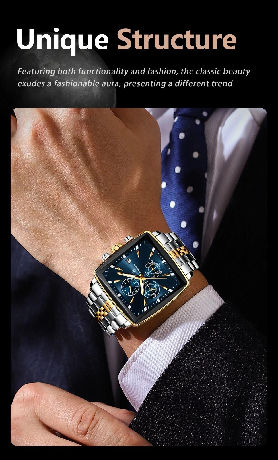 Luxury Men’s Watch Square Stainless Steel Waterproof Luminous Chrono