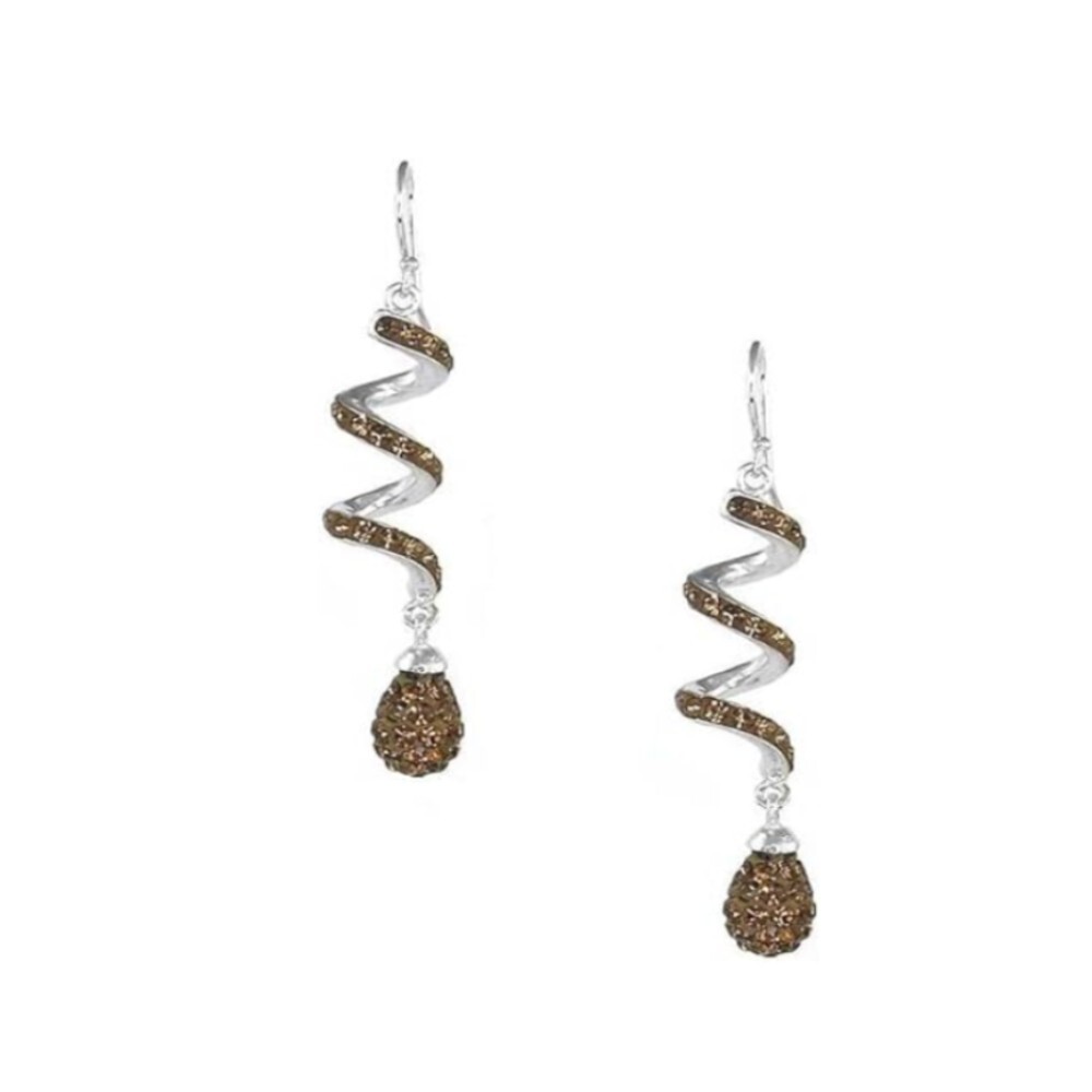 14K White Gold Plated Brown Spiral Shape Crystal Drop Dangle Hook Earrings