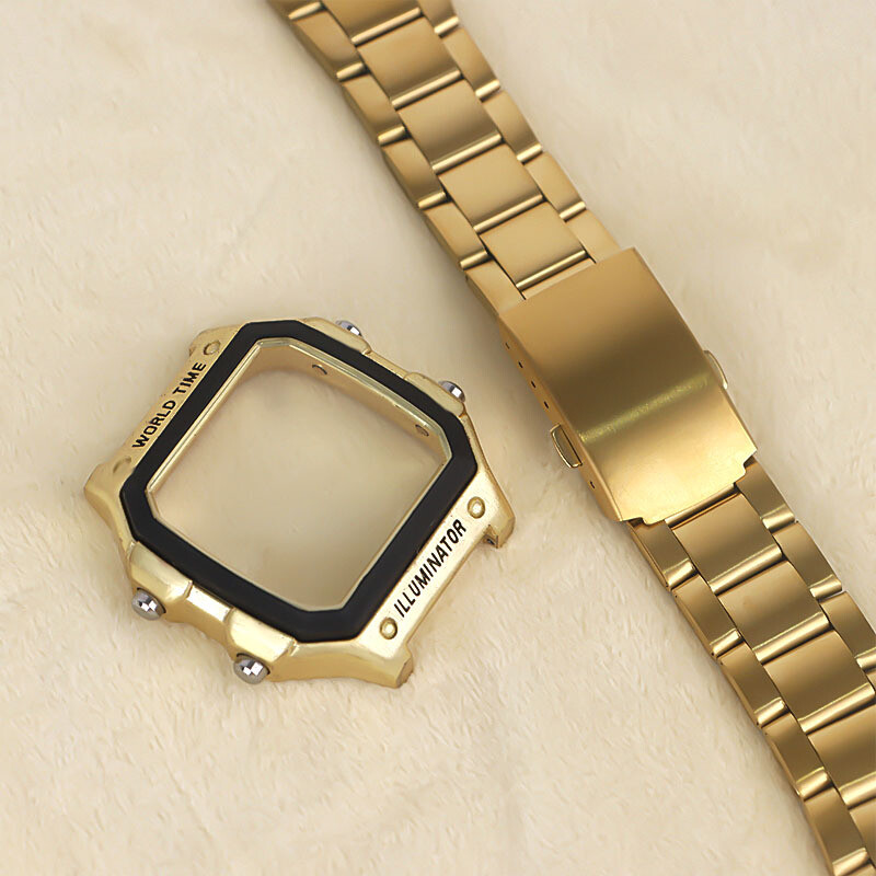 Metal Watch Strap + Modified Stainless Steel Case Cover For Casio AE1200