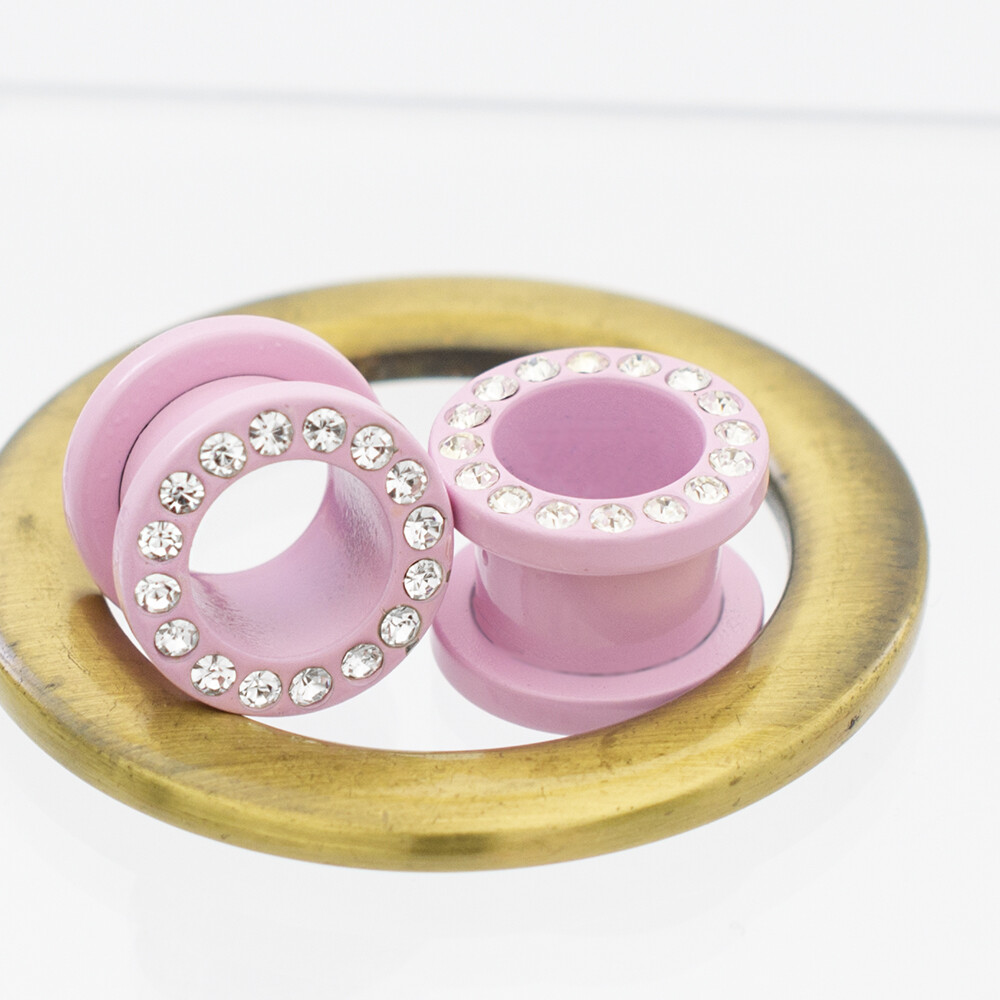 Plugs Matte Pastel Pink Screw Fit with Cubic Zirconias – Sold as a Pair Surgical