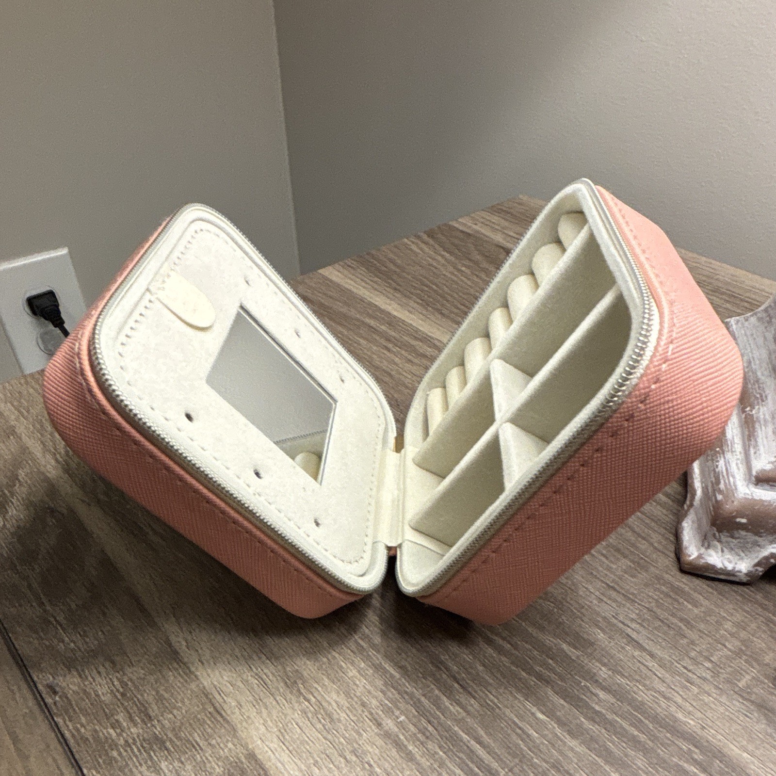 Pink Square Zip-Around Travel Jewelry Case w/ Mirror, Faux Leather, Velvet Lined