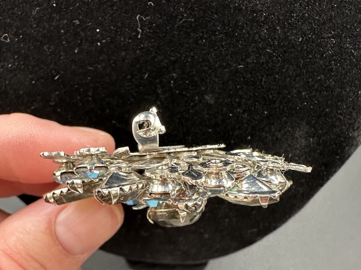 Vintage Unsigned Smoky Gray Navette Rhinestones and Blue Aurora Borealis Brooch