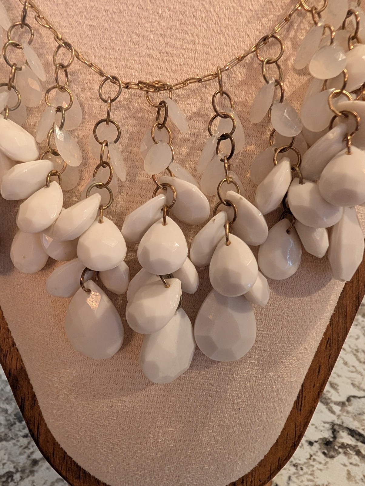 White Beaded Bib Statement Necklace Gold Tone Cable Chain Lobster 16-18 in