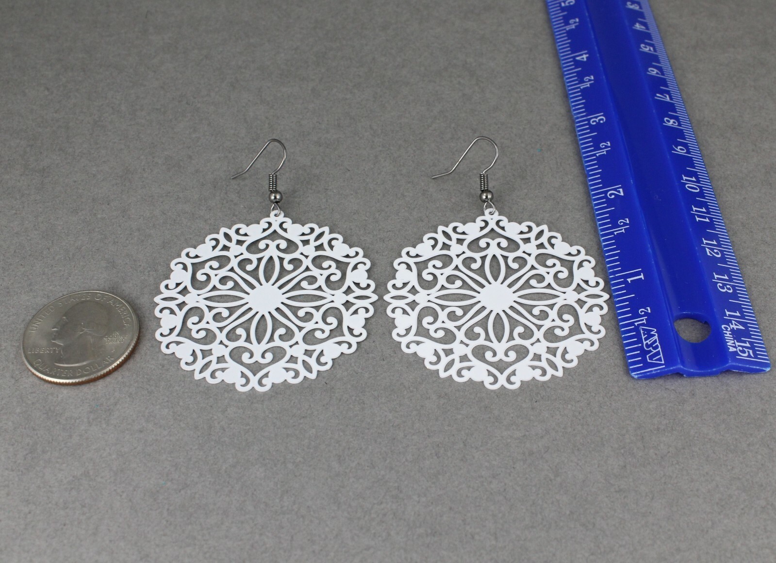 White round earrings cut out lace filigree scroll circle 2.5″ long very Light