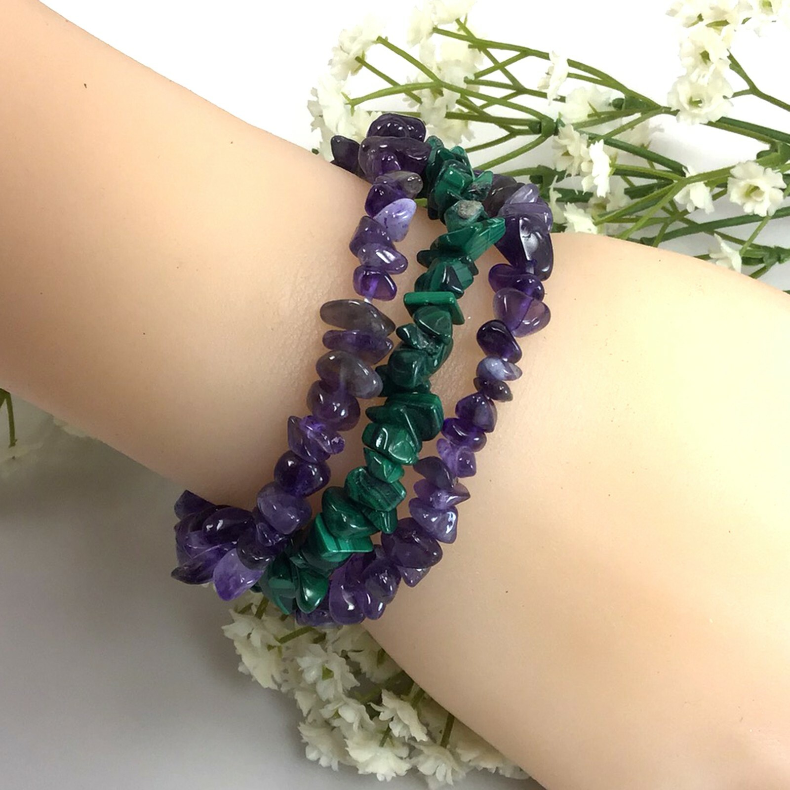 Gemstone Chips Bracelet 7.5″ Elastic Stretch Beaded gift Handmade Beautiful