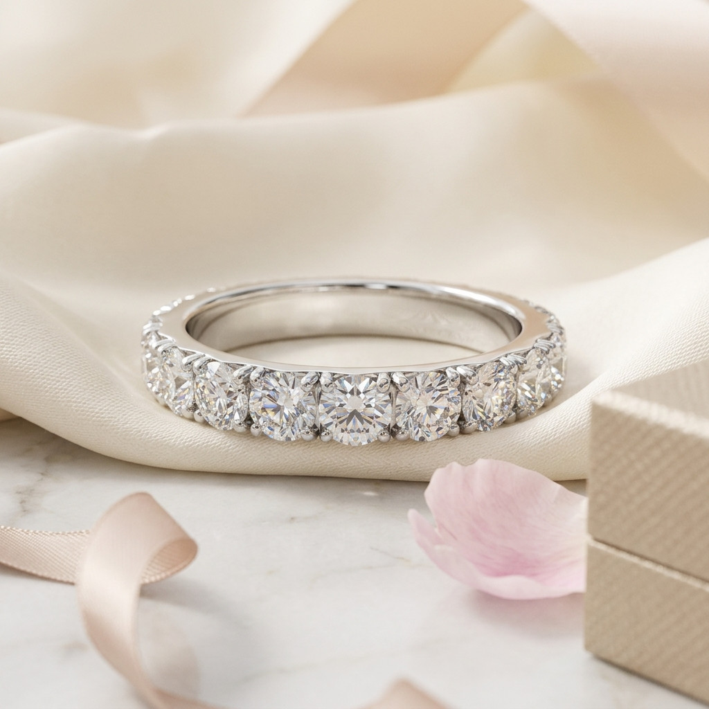 2.7MM 1.00CT Natural Round Diamond French Pave Set Full Eternity Ring White Gold