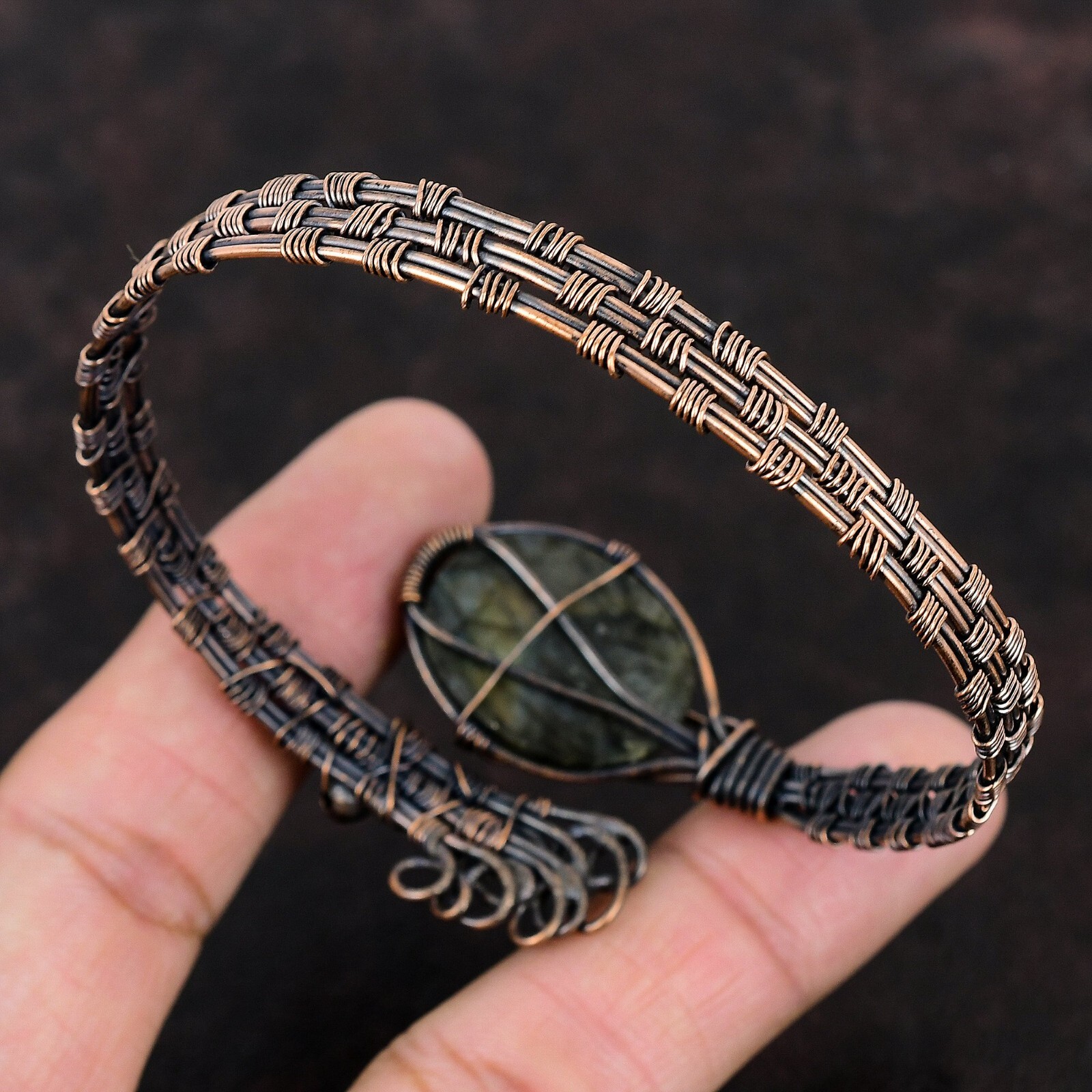 Labradorite Copper Gift For Bridesmaid Wire Wrapped Adjustable Bangle