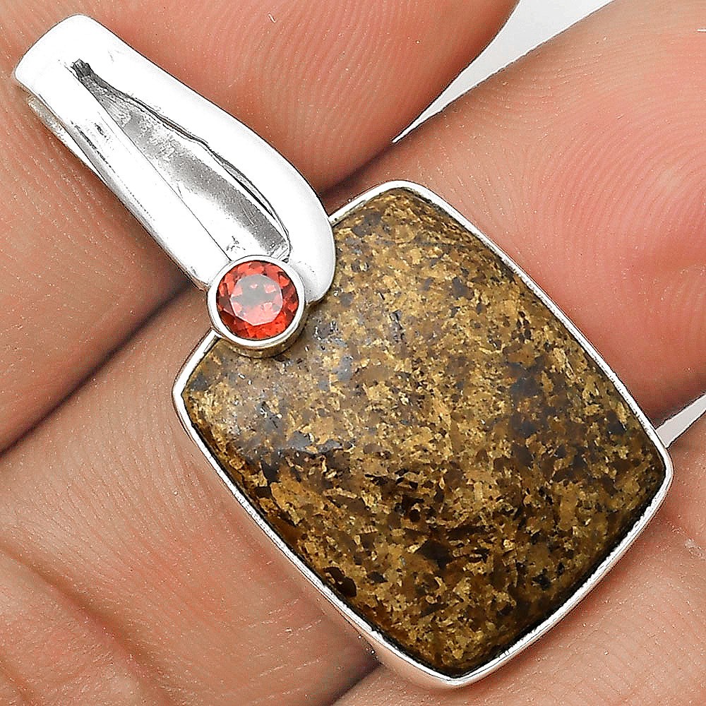 Natural Bronzite & Garnet 925 Sterling Silver Pendant Jewelry P-1606