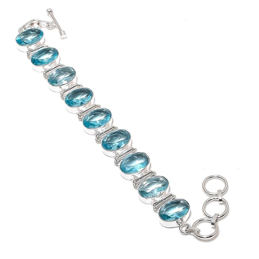 Aqua Aquamarine Gemstone 925 Sterling silver Handmade Jewelry Bracelet Size 7-8″