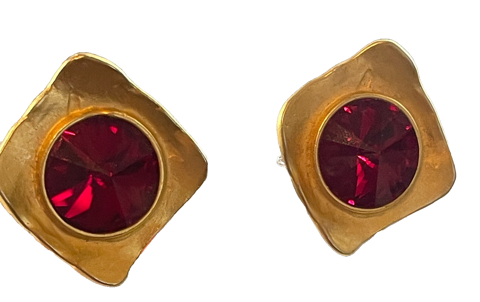 Norma Jean Brushed Satin Goldtone Red Deep Berry Rivoli Crystal Clip Earrings