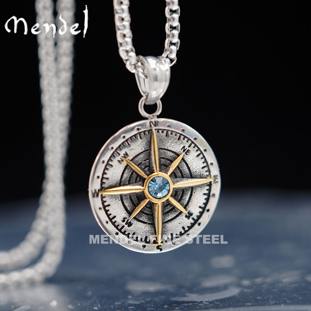 MENDEL Mens Womens Blue CZ Stone Nautical North Star Compass Pendant Necklace