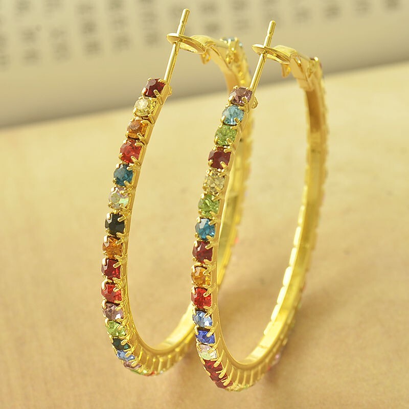 Pretty Yellow Gold Plated Multicolor Crystal CZ Round Large 1.75″ Hoop Earrings
