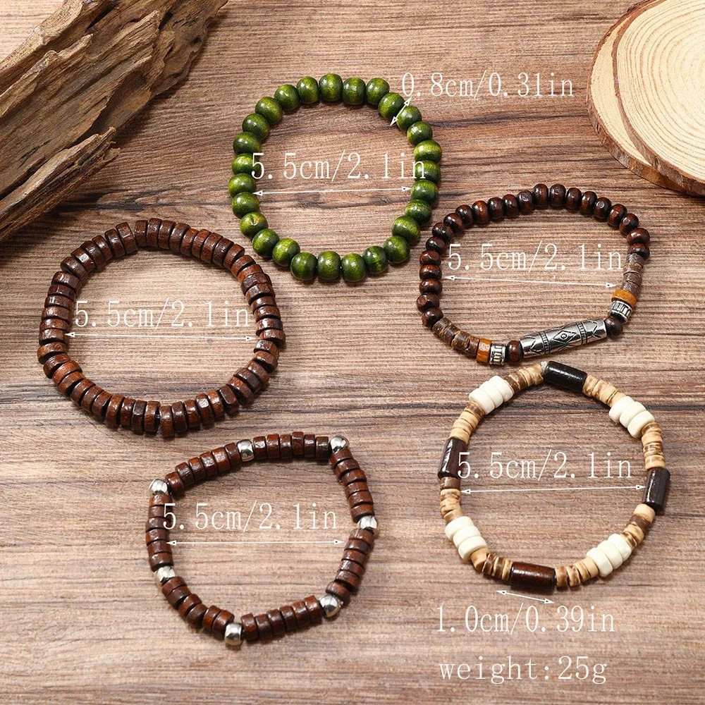5PCS Wooden Bead Bracelet Set Elastic Retro Unisex Bangle Jewelry