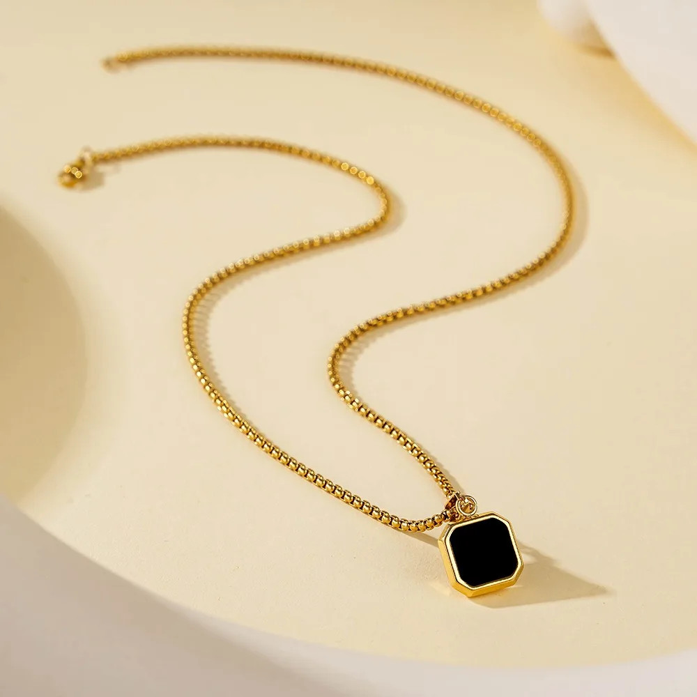 Square Pendant Necklace Stylish Black Geometric Pendant Stainless Steel Necklace