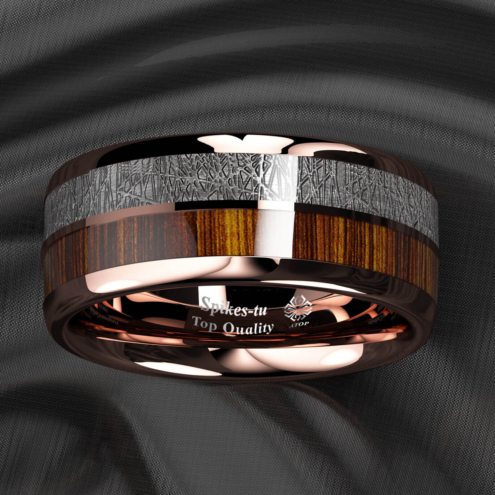 8/6mm Rose Gold Plated Metal Tungsten Ring Koa Wood Inlay ATOP Men Jewelry